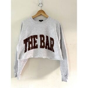 The Bar Womens Cropped Graphic Sweatshirt Heather Grey Brown Varsity Logo Large